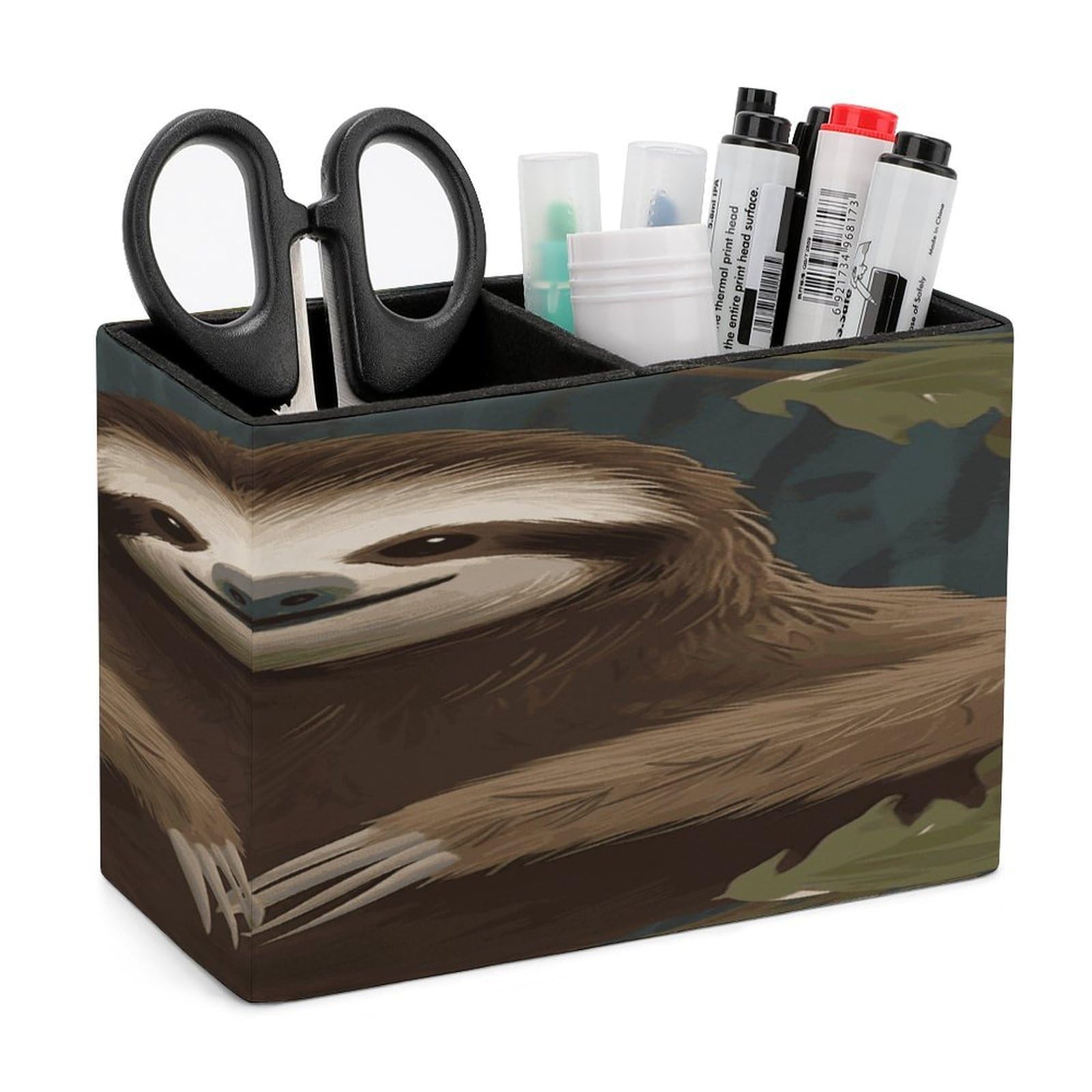 LDGSUPH Sloth Leather Pen Holder for Desk Organizer Caddy Large Pencil Cup Multi-function Pencil Holder Makeup Brush Holders Pen Organizer for Home Office Storage Box