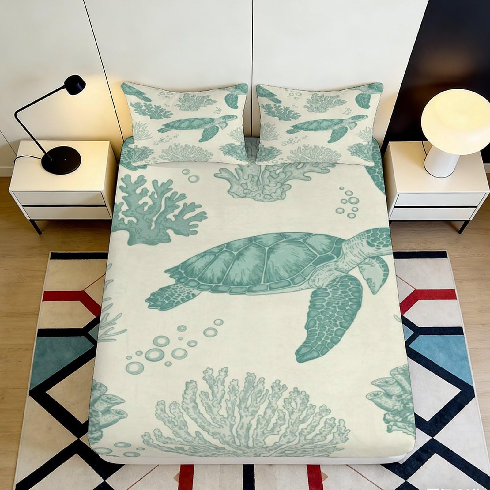 3D Printed Sea Turtle Fitted Sheet Microfiber Coral Reef Mattress Cover Non-slip Machine Washable Bed Decor 140x200x25cm