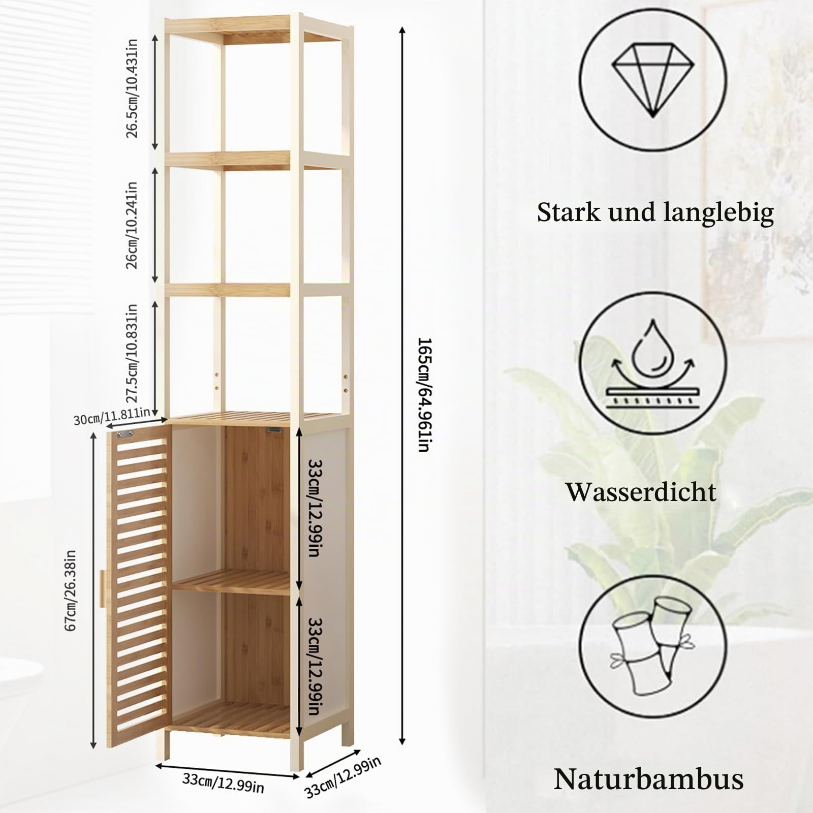Badezimmerhochschrank, Badregal Bambus, Handtuch Schrank, Badschrank Schmal Hoch mit 1 Tür, Bathroom Storage Cabinet, Toilettenschrank für Badezimmer, Flur, Küche, Wohnzimmer