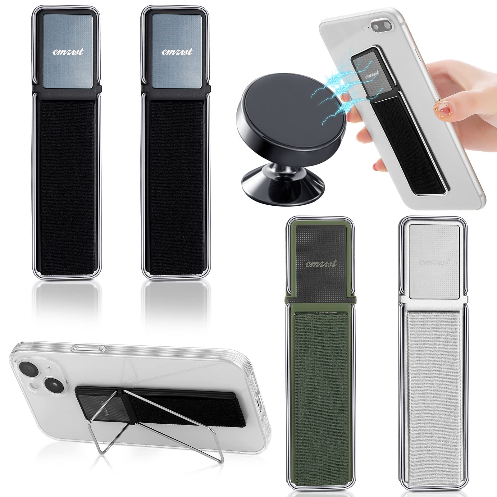 4 Pieces Phone Grip Strap Telescopic Phone Kickstand Elastic Finger Holer Hand Strap Adhesive Loop for Phone Grip with Stand Compatible with Most Smartphones (Black, Silver, Green)