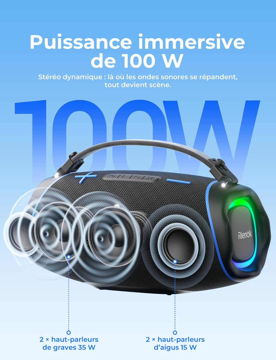 RIENOK Enceinte Bluetooth, 100 W Enceinte Puissante, 2 Tweeters et 2 Woofers, 5200 mAh Haut Parleur Bluetooth 5.3, 30H, IPX6, 128Go, Port Clé USB, AUX et TF Carte, pour Fêtes Soirées Voyage Extérieur