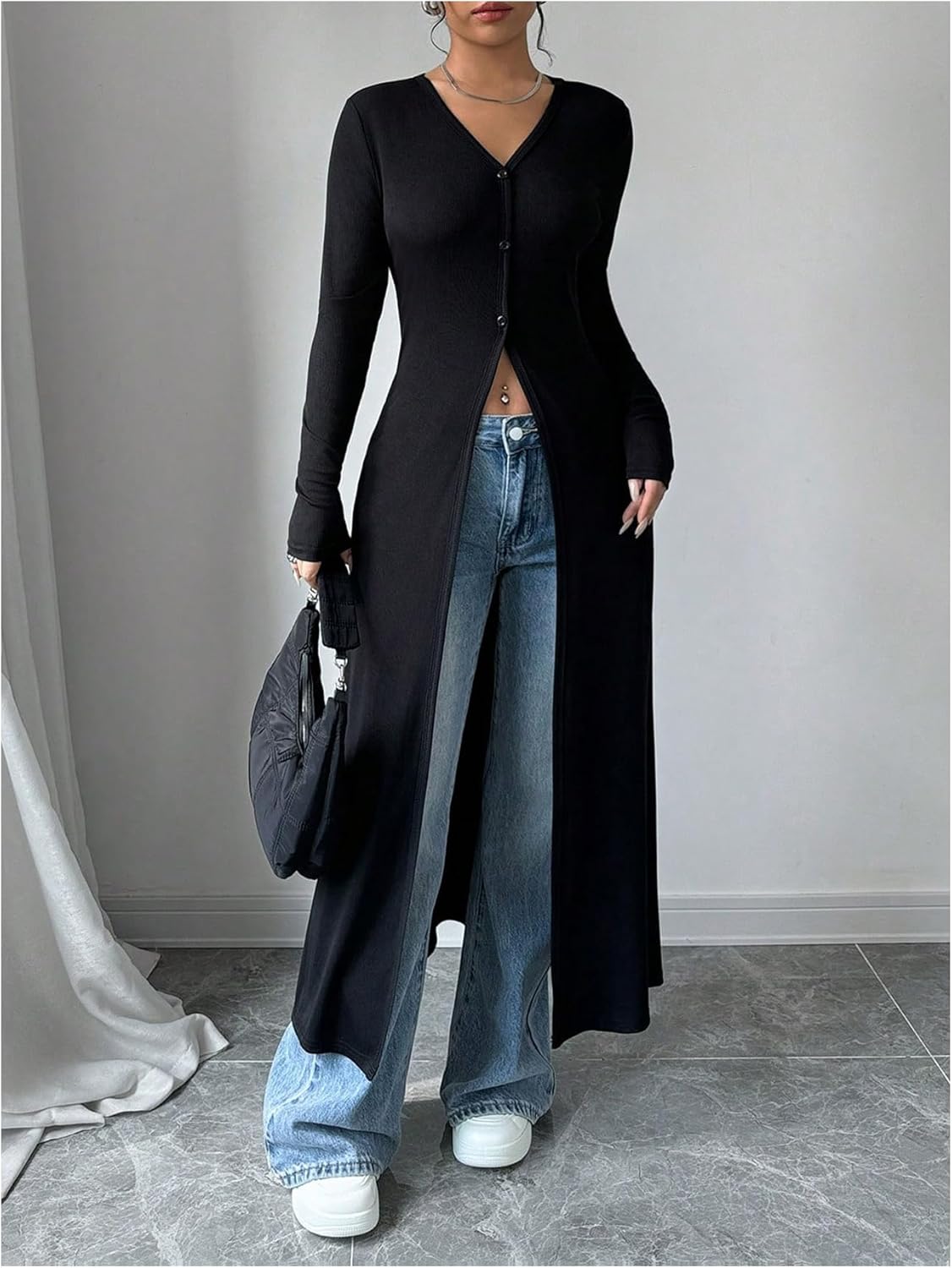 WDIRARA Women's Button Down Long Cardigan V Neck Slit Ribbed Knit Sweater Casual Going Out Tops - Image 5