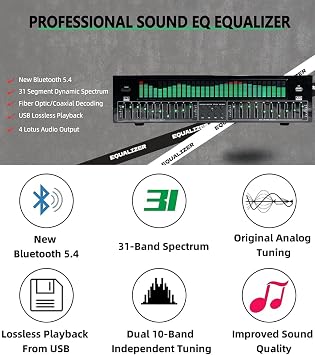 31 Bands Graphic Equalizer, Professional EQ Equalizer Digital Audio Processor with Remote Control & Audio Cable, Bluetooth 5.4 Optical Coaxial Digital Audio Decoding, for Stage, Recording Studio