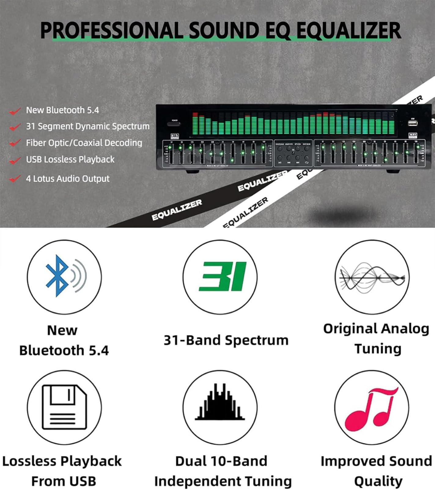31 Bänder Grafischer Equalizer, Professioneller EQ Equalizer Digitaler Audioprozessor Mit Fernbedienung & Audiokabel, Bluetooth 5.4 Optisch Koaxial Digital Audio Dekodierung, Für Bühne,Tonstudio