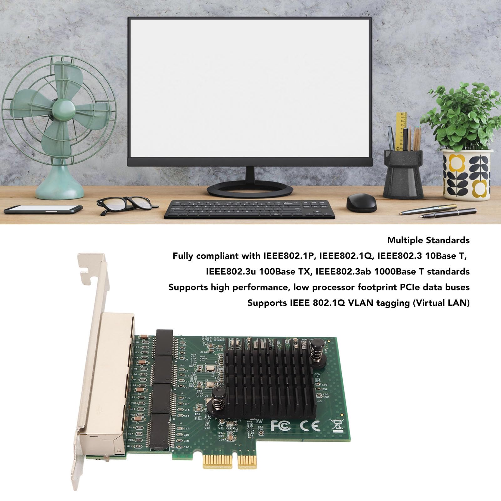Carte Réseau PCIe 4 Ports, Carte Réseau PCIe Gigabit pour Chipset Realtek 8111F, Carte D'interface Réseau Gigabit Ethernet PCIe X1, Carte Réseau Adaptateur Serveur NIC