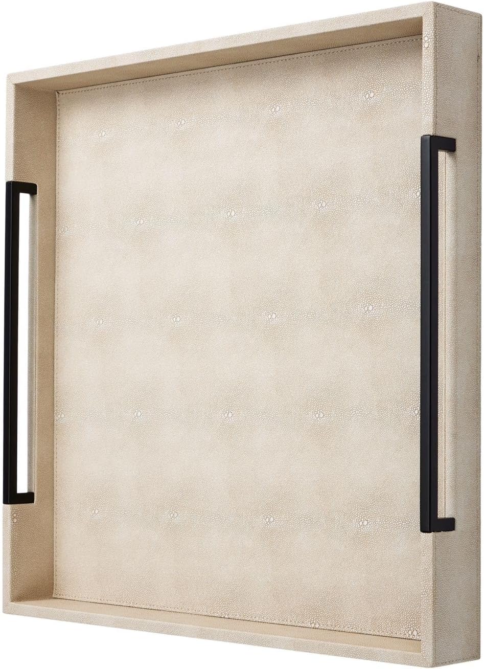 Sagala Extra Large 20" Square Ivory Shagreen Leather Ottoman Tray with Black Handles for Coffee Table, Versatile Decorative Serving Tray for Living Room(Ivory-Black, Square 20")