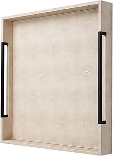 Sagala Extra Large 20" Square Ivory Shagreen Leather Ottoman Tray with Black Handles for