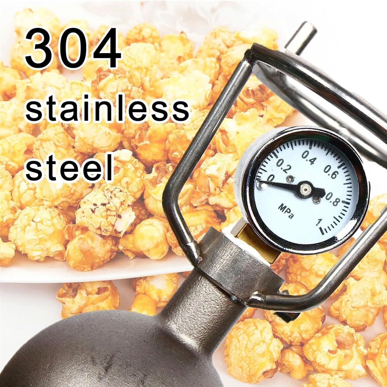 Mini Palomitero Hacer a PresióN, Estilo Retro Palomitera De Acero Inoxidable,Popcorn Maker Con Manivela,Manómetro, Base de madera para el Hogar(Plata,328ml)