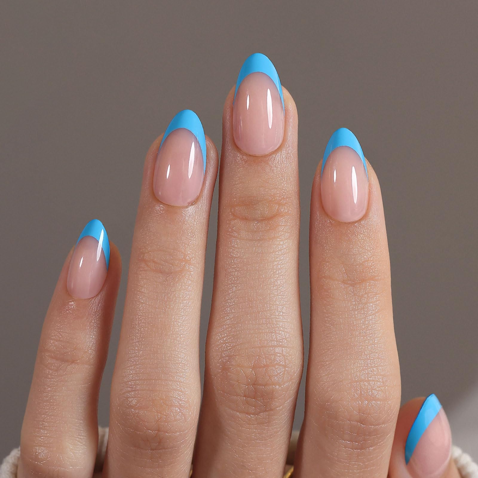 Baby Blue French Tip Press on Nails - GJZEZ Soft Gel Short Almond Glossy Manicure Glue On Nails Press Ons, Salon Quality False Stick On Nail | 16