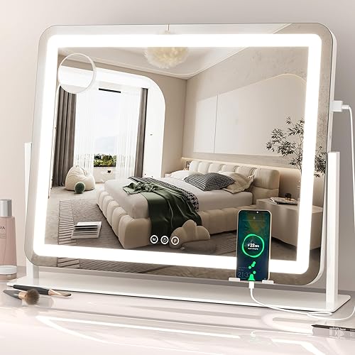Dripex Vanity Mirror with Lights 24.5"x20" Large Makeup Mirror with Lights USB Charging Smart Touch 3 Colors Dimmable LED Lighted Makeup with Mirror 10X Magnification Phone Holder for Vanity Desk