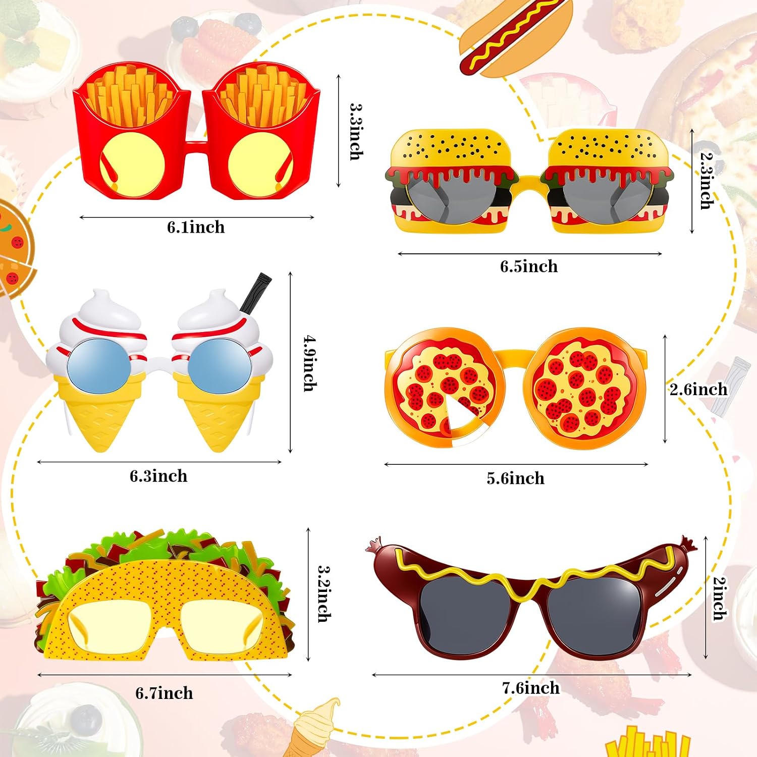 6 Pcs Fast Food Themed Glasses Novelty Funny Decorations Sandwich Sausage Hamburger Fries Cones and Pizza Sunglasses for Halloween Christmas Photo Booth Cosplay Food Birthday Parties Gifts