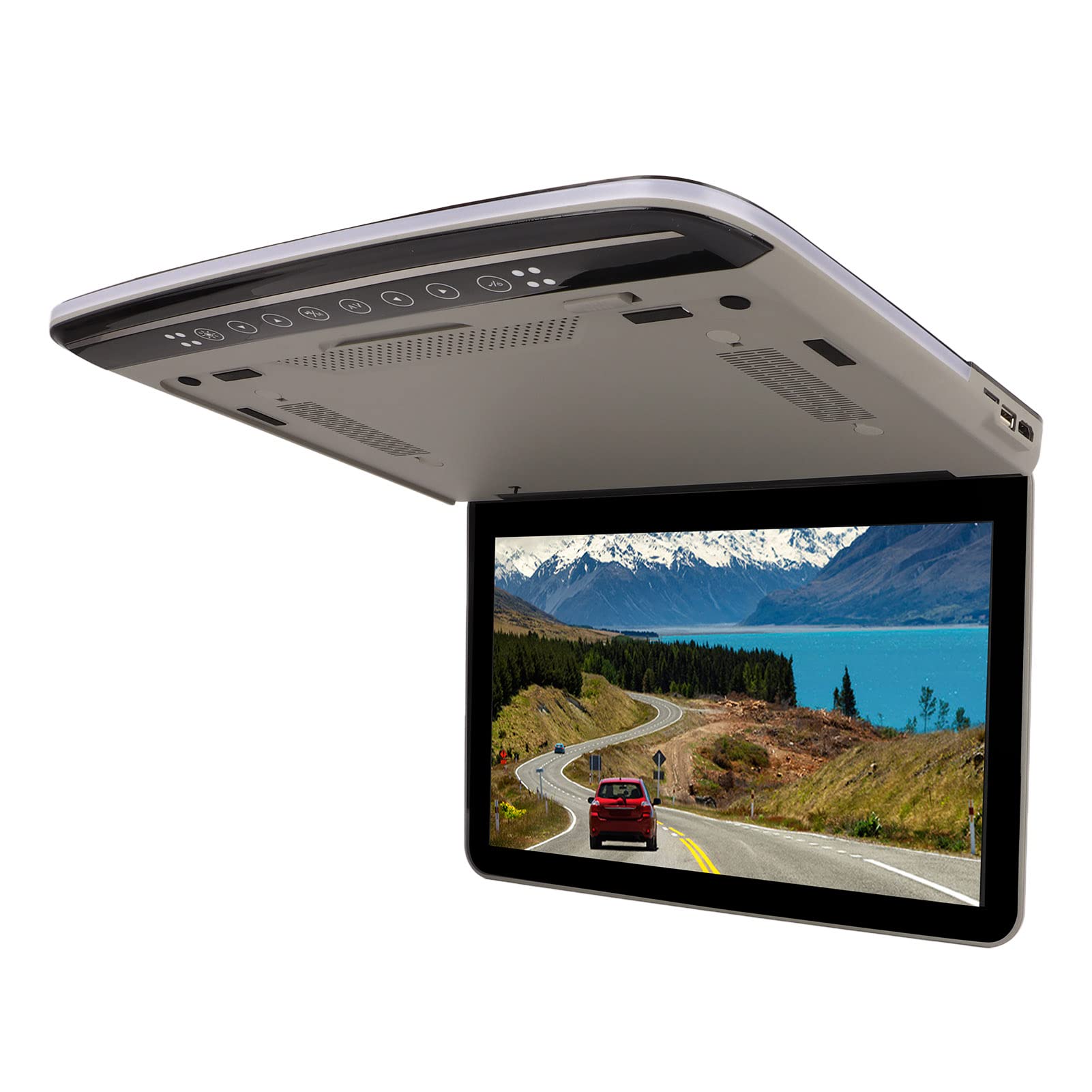 PUSOKEI TV pour Voiture, Moniteur de Voiture 13,3 Pouces avec écran de Lecteur de Voiture 1080p, écran monté sur Le Toit avec Lumière Bicolore pour Bus, SUV, Angle Réglable (Gris)
