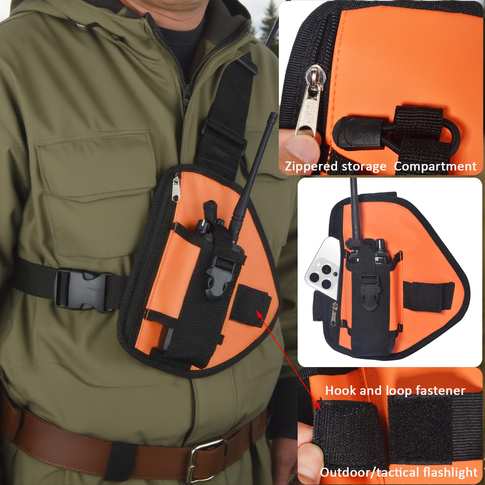 HYS Nylonowa uprząż na klatkę piersiową, regulowany pasek na ramię do wędrówek / użytku taktycznego, lekka torba crossbody z kieszeniami na zamek błyskawiczny, do dwukierunkowego radia Motorola