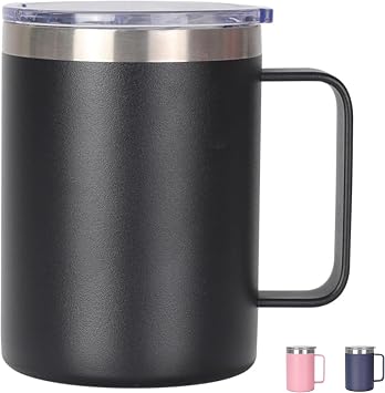 Thermal Mug, Insulated Coffee Mug with Handle and Sliding & Straw Lid, Leakproof Reusable Double Walled Vacuum Stainless Steel Travel Camping Cafe Tumbler Cup,Dishwasher Safe Black, 16 oz