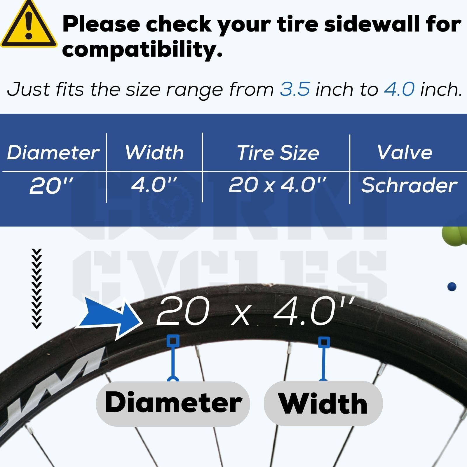 Corki Cycles 20 Inch Fat Bike Tire Inner Tube 20 x 3.5 4.0 with 32mm Schrader Valve Heavy Duty Butyl Rubber for E-Bikes BMX Folding Bicycles - 2 Pack
