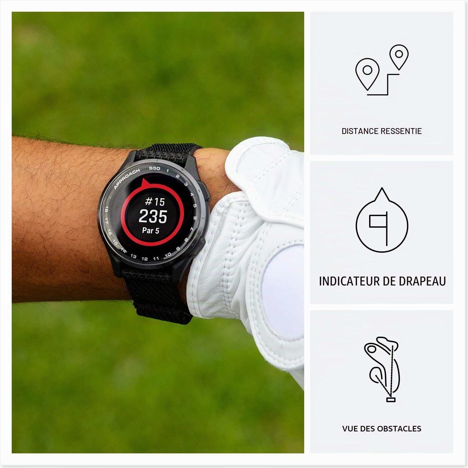 Garmin Approach® S50 Montre Intelligente GPS de Golf avancée, écran AMOLED, caractéristiques sur Le Terrain, fréquence Cardiaque au Poignet, Lunette en Aluminium Ardoise avec Bracelet en Nylon