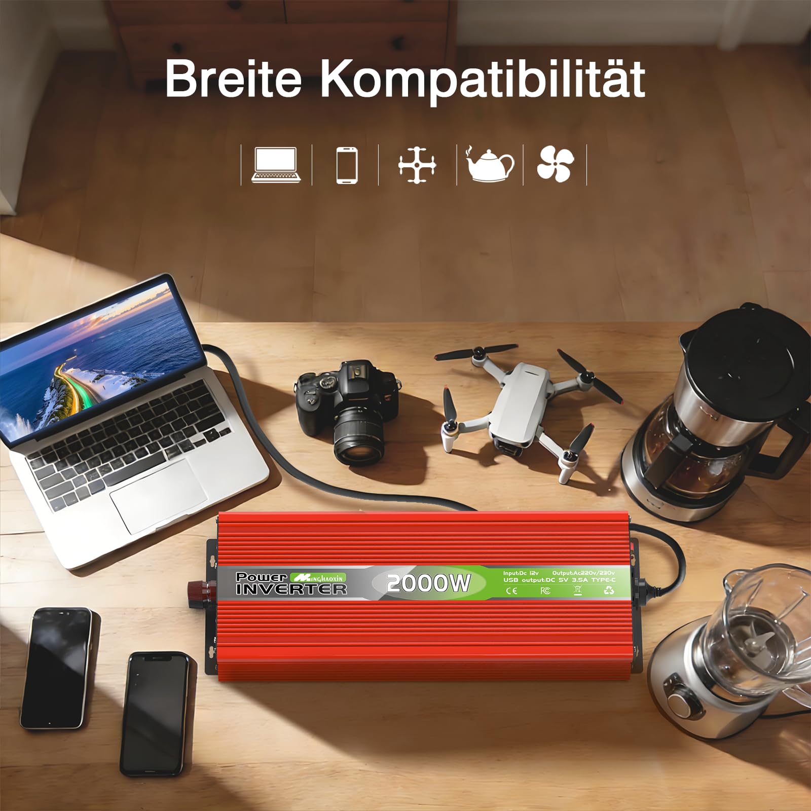 2000W Wechselrichter 12V auf 230V Spannungswandler Konverter Power Inverter Spitzenleistung 4000W mit EU Steckdosen, USB/Type-C und LED Anzeige, Umwandler für LKW Camping Haushaltsgeräten