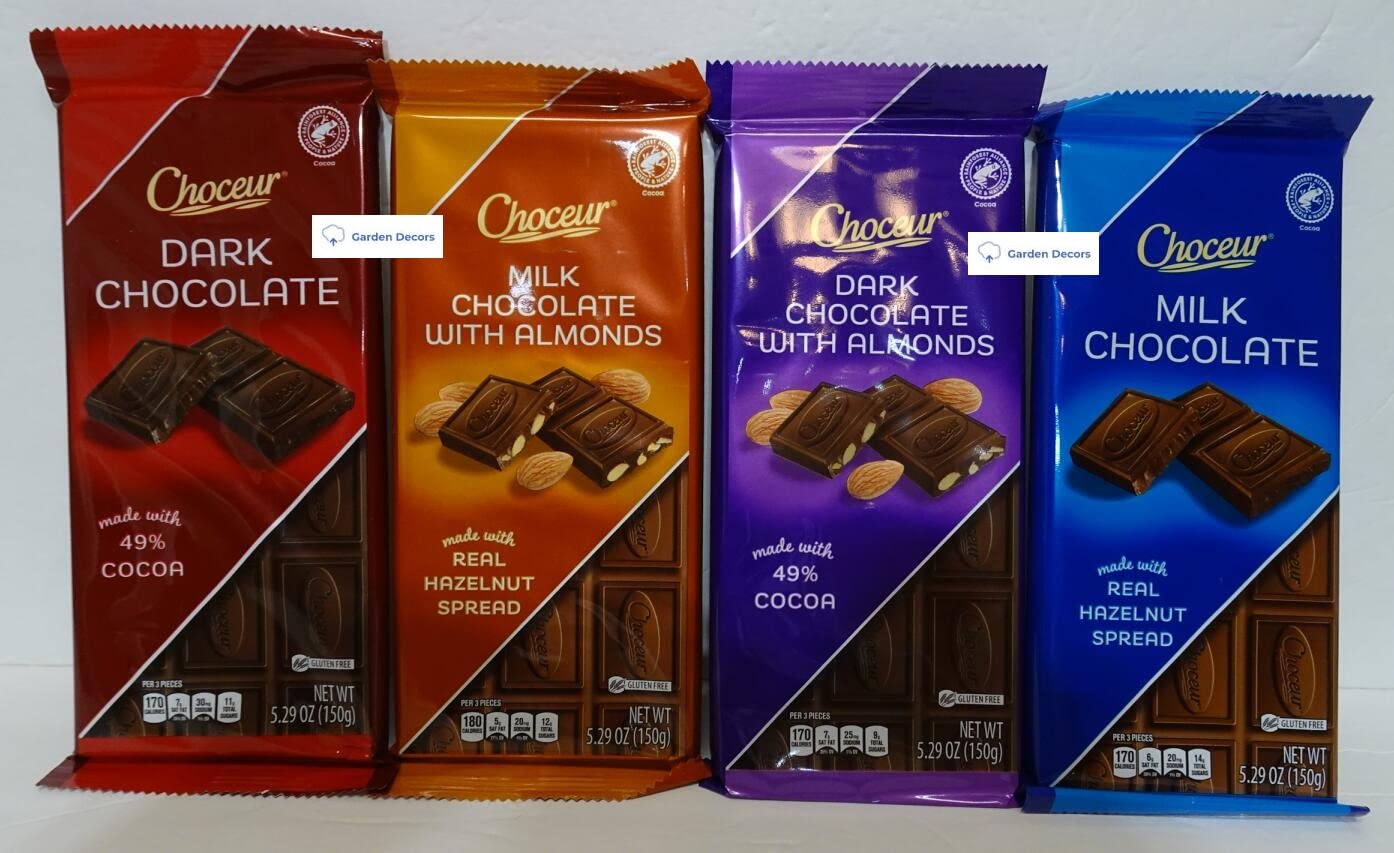 Choceur Austria 4 Flavors Dark & Milk Chocolate and Dark & Milk Chocolate with Alomonds 5.29oz 150g (Four Bags)