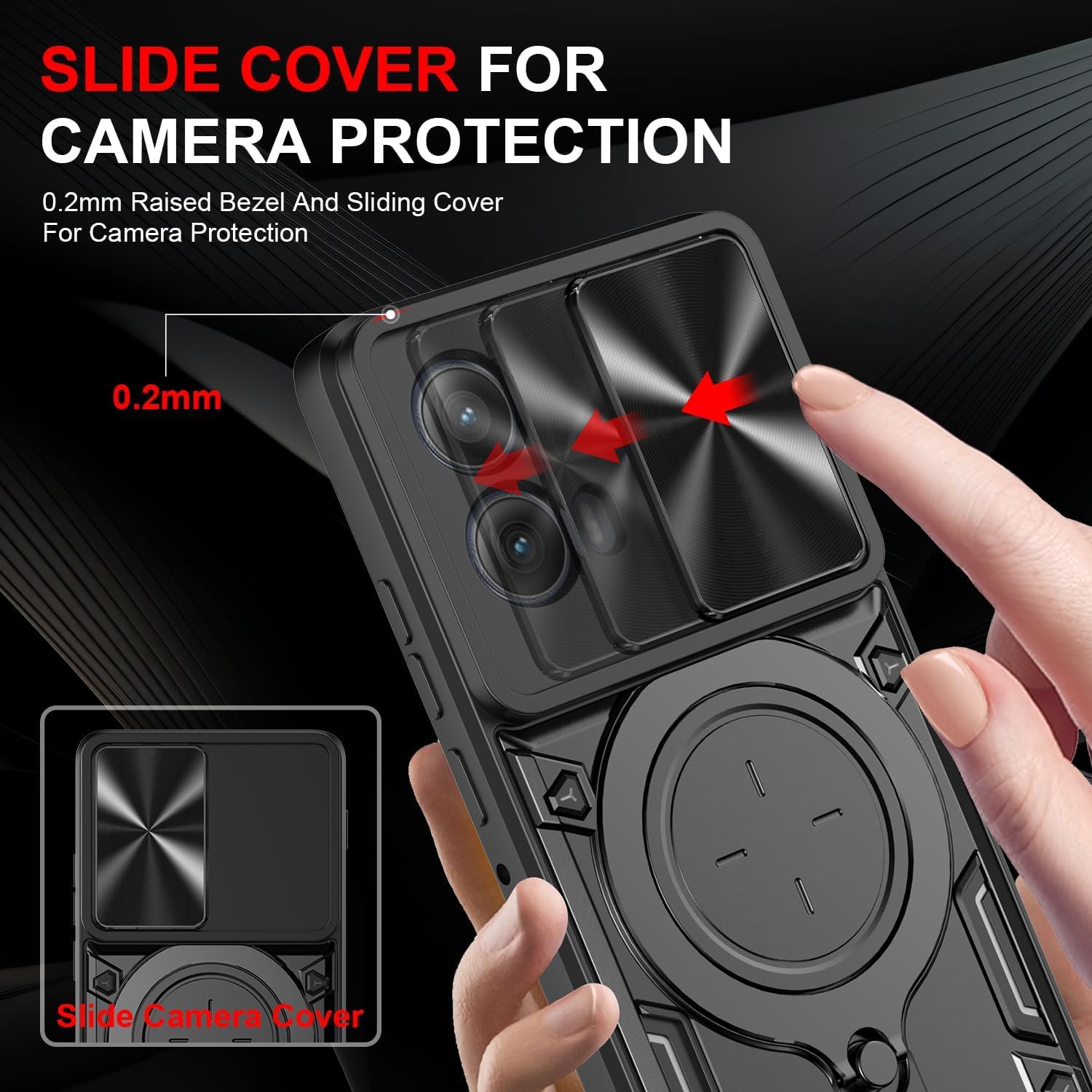 KJYLPO for Motorola Moto G85 Case,with Camera Lens Cover Slider Magnetic Kickstand Protective Case Heavy Duty Rugged Cell Phone Protective Cover Black - Image 4