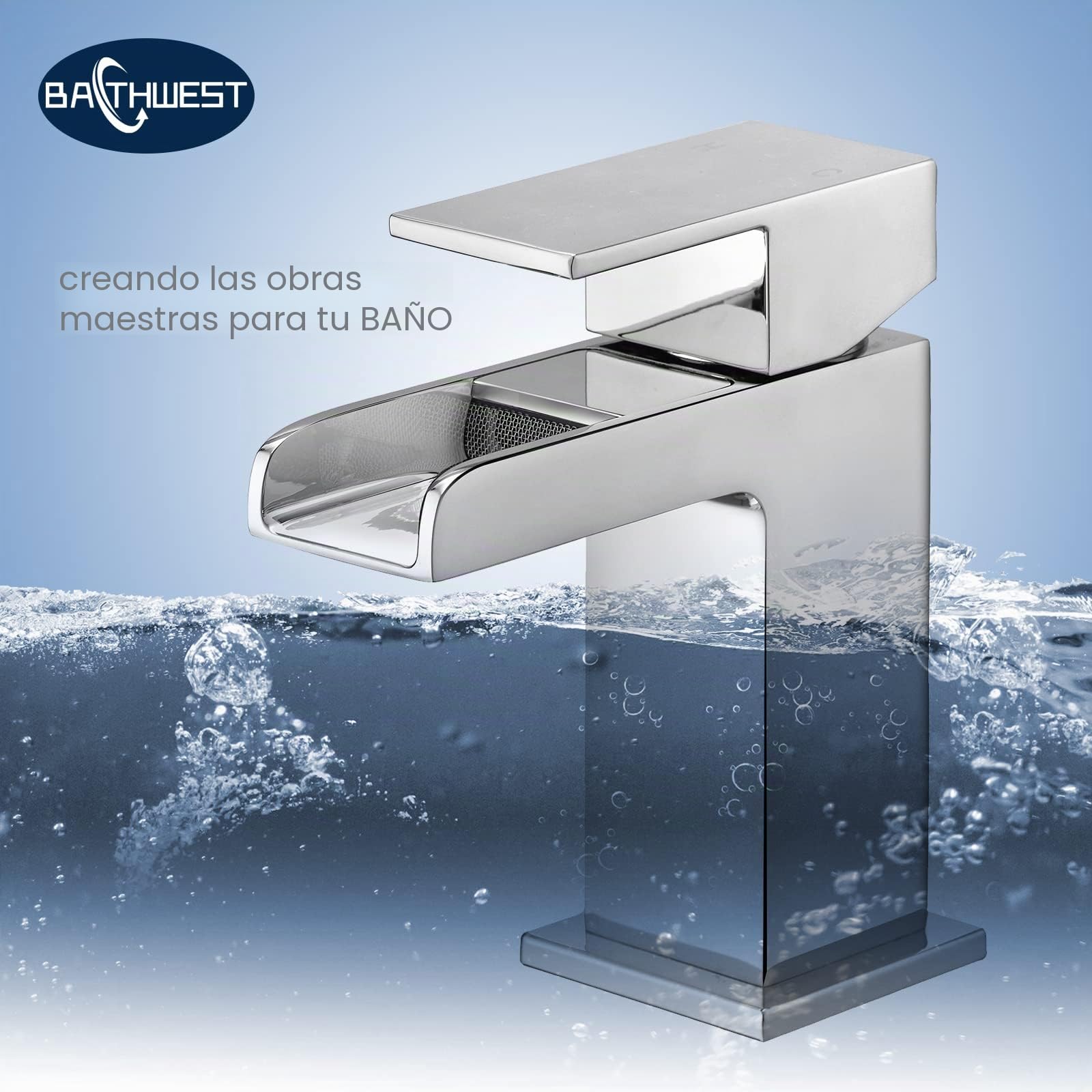 Grifos de lavabo cuadrados de cascada con desagüe, grifos monomando de latón cromado monobloque con tapón de fregadero 612M