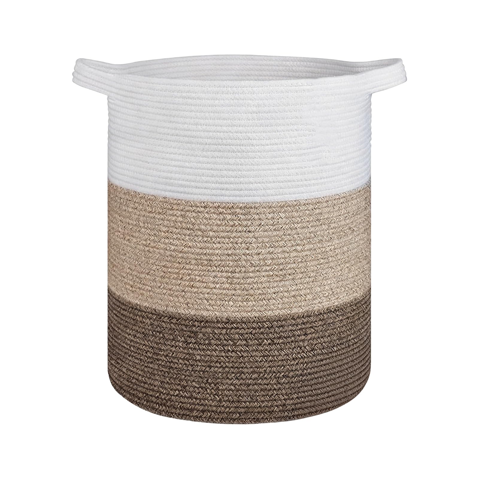 Zeiwohndc White Brown Large Woven Cotton Laundry Hamper With Strong Handles Spacious Storage Container For Clothes And Towels Gentle Laundry Container