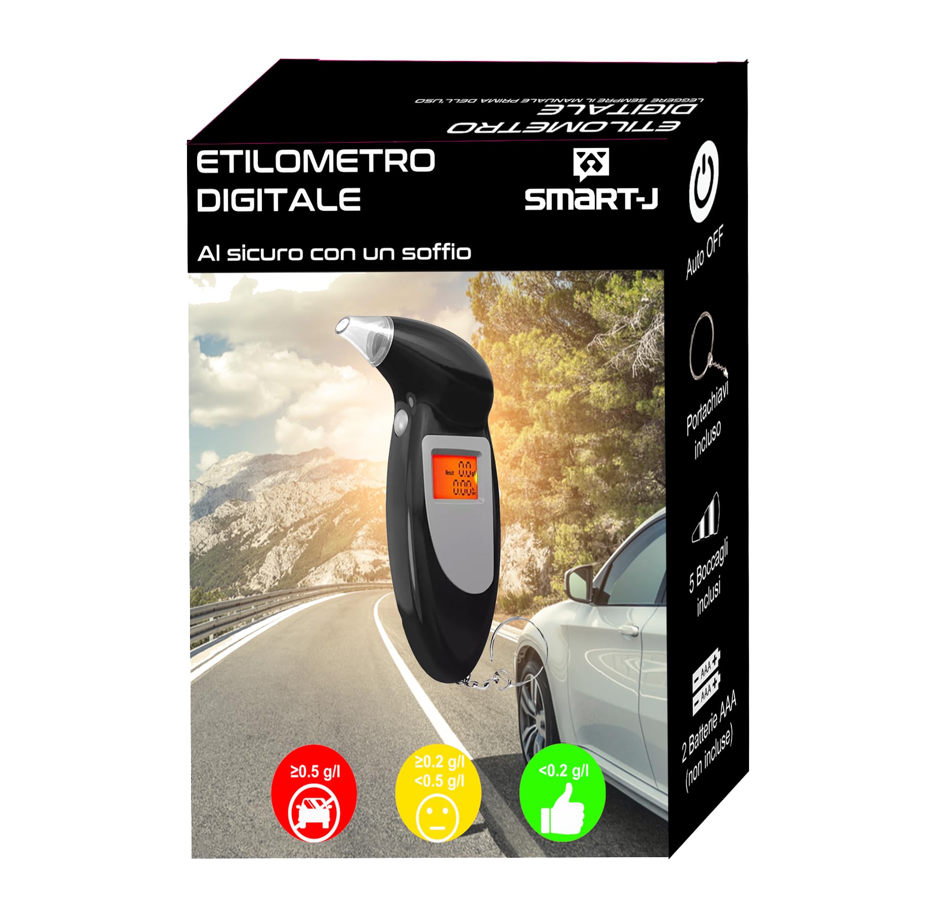 Etilometro Digitale Portatile Professionale – Tester Alcool per Auto, con Display LCD, 5 Bocchini, Allarme, Spegnimento Automatico – Preciso e Facile da Usare per Uso Domestico e Professionale