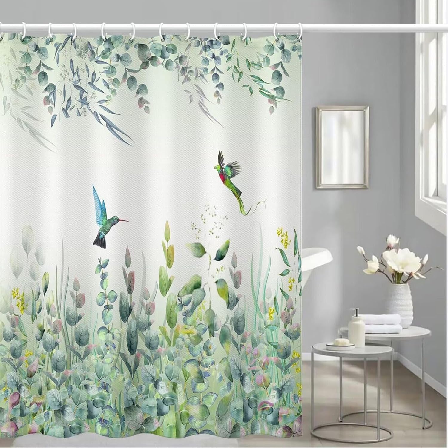 Niidder Green Leaf Shower Curtain - Emerald Bird Mint Hummingbird Design, 72"W x 84"L, 12 Hooks, Weighted Hem, Waterproof for Bathroom