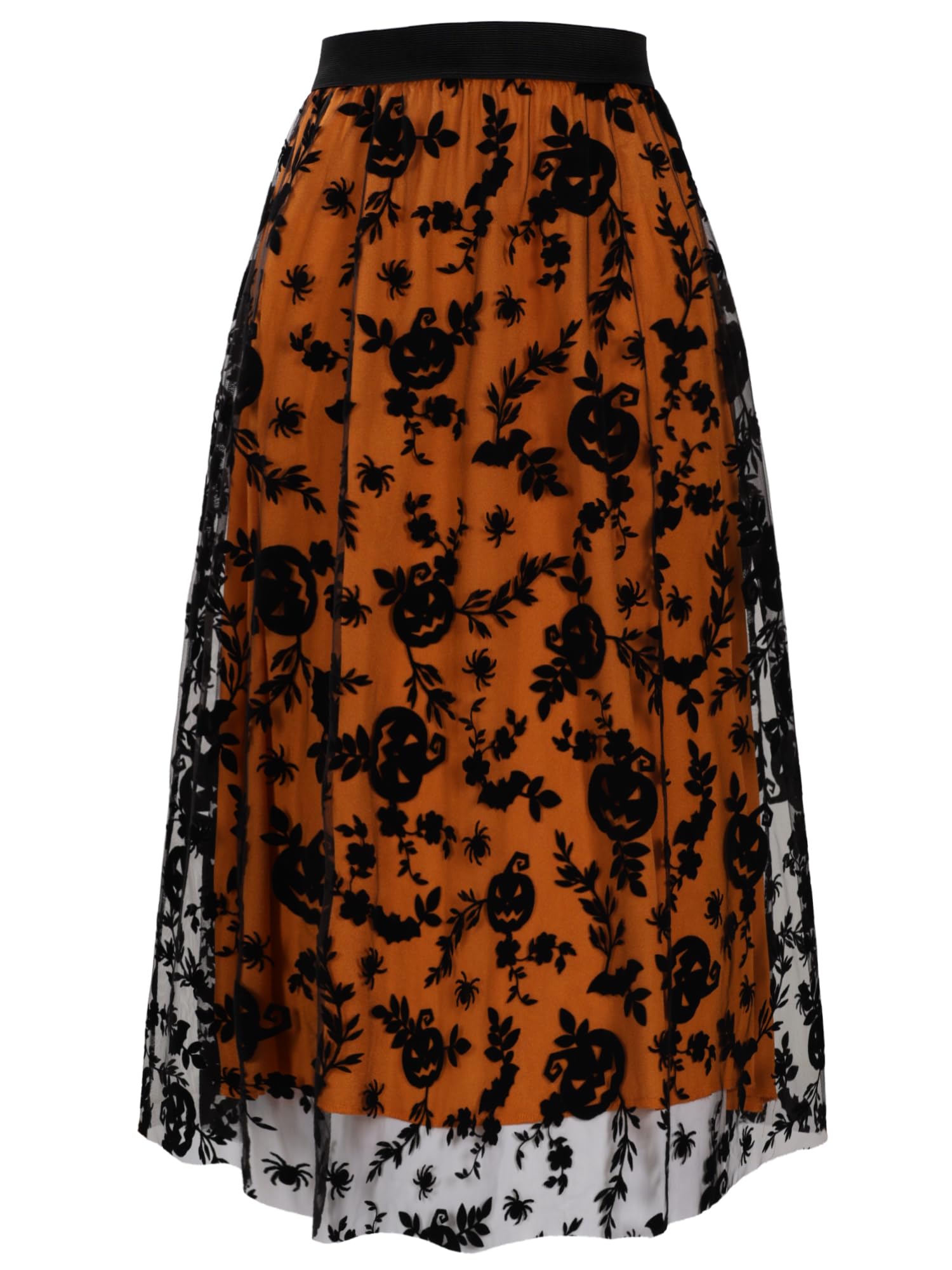 Cossoul Halloween Tulle Skirt Women Pumpkin Elastic Waist Layered Mesh Midi Halloween Witch Skirt, Orange Pumpkins, S-M