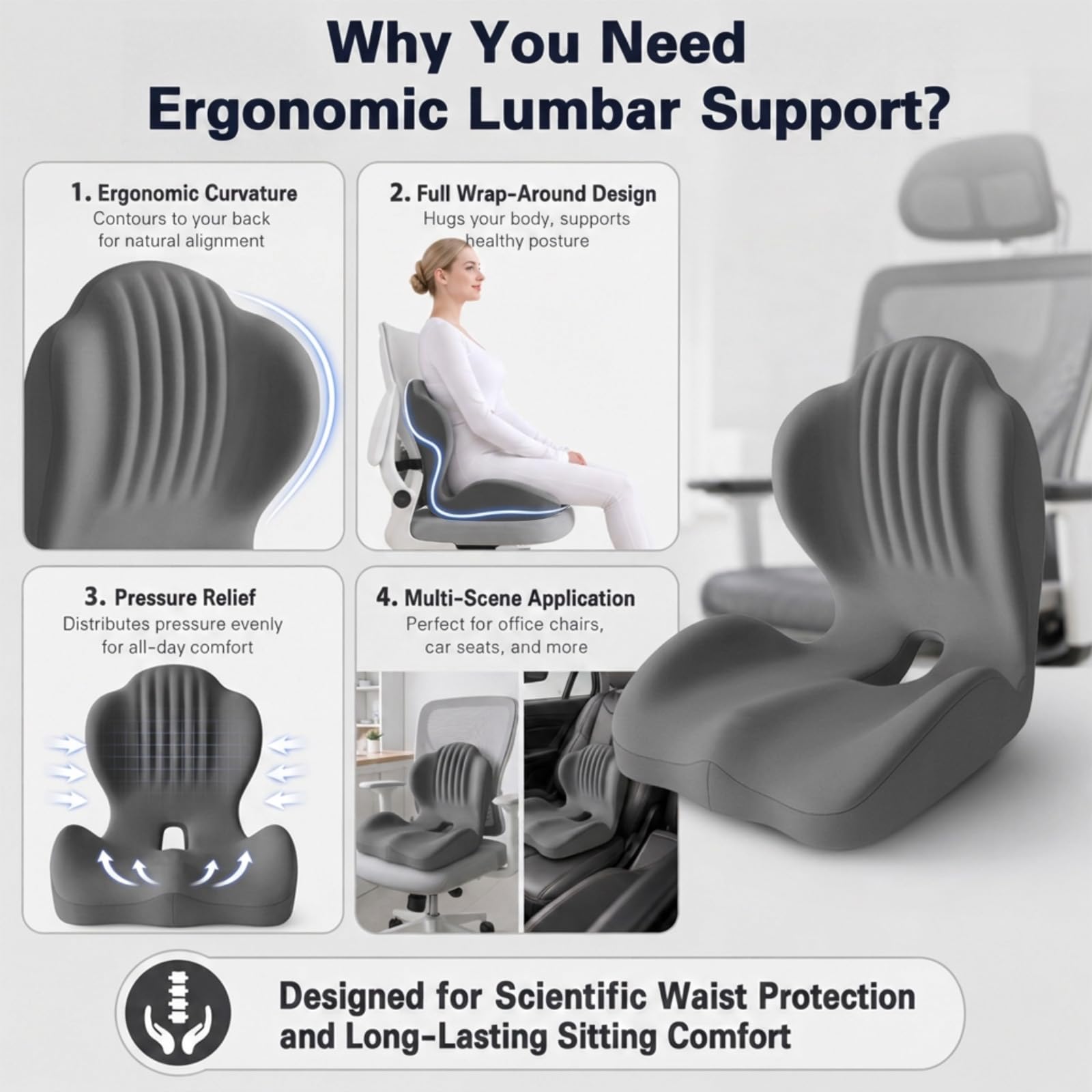 Cuscino ergonomico per sedia da ufficio, ortopedico, in memory foam, con schienale, supporto lombare per auto