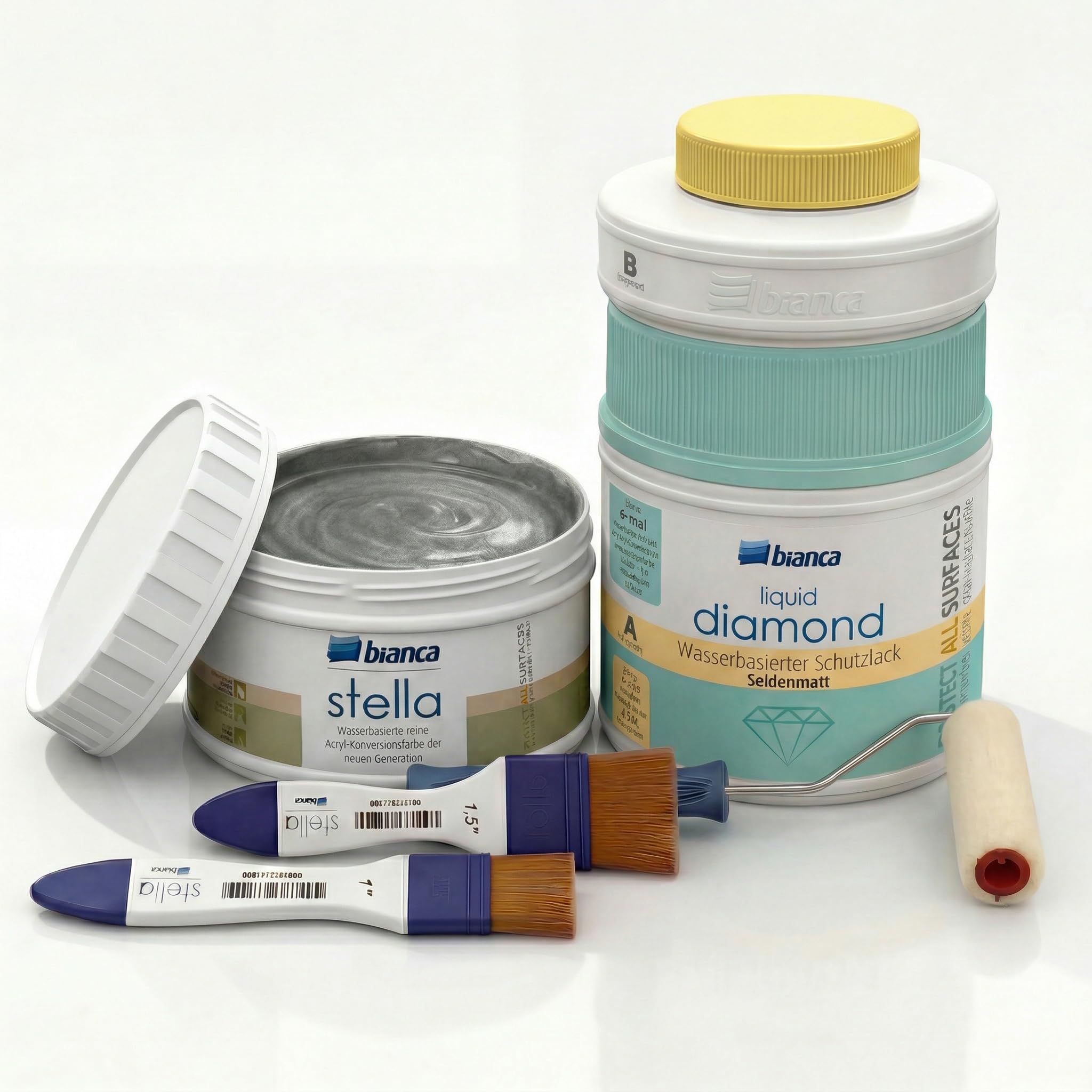 Bianca Stella Universalfarbe 250ml, Metallic-Silber & Seidenmatt 2K Schutzlack 600g mit Rolle & Pinseln - Parfümierte Renovierfarbe für Möbel, Holz, Fliesen, Metall & Kunststoff