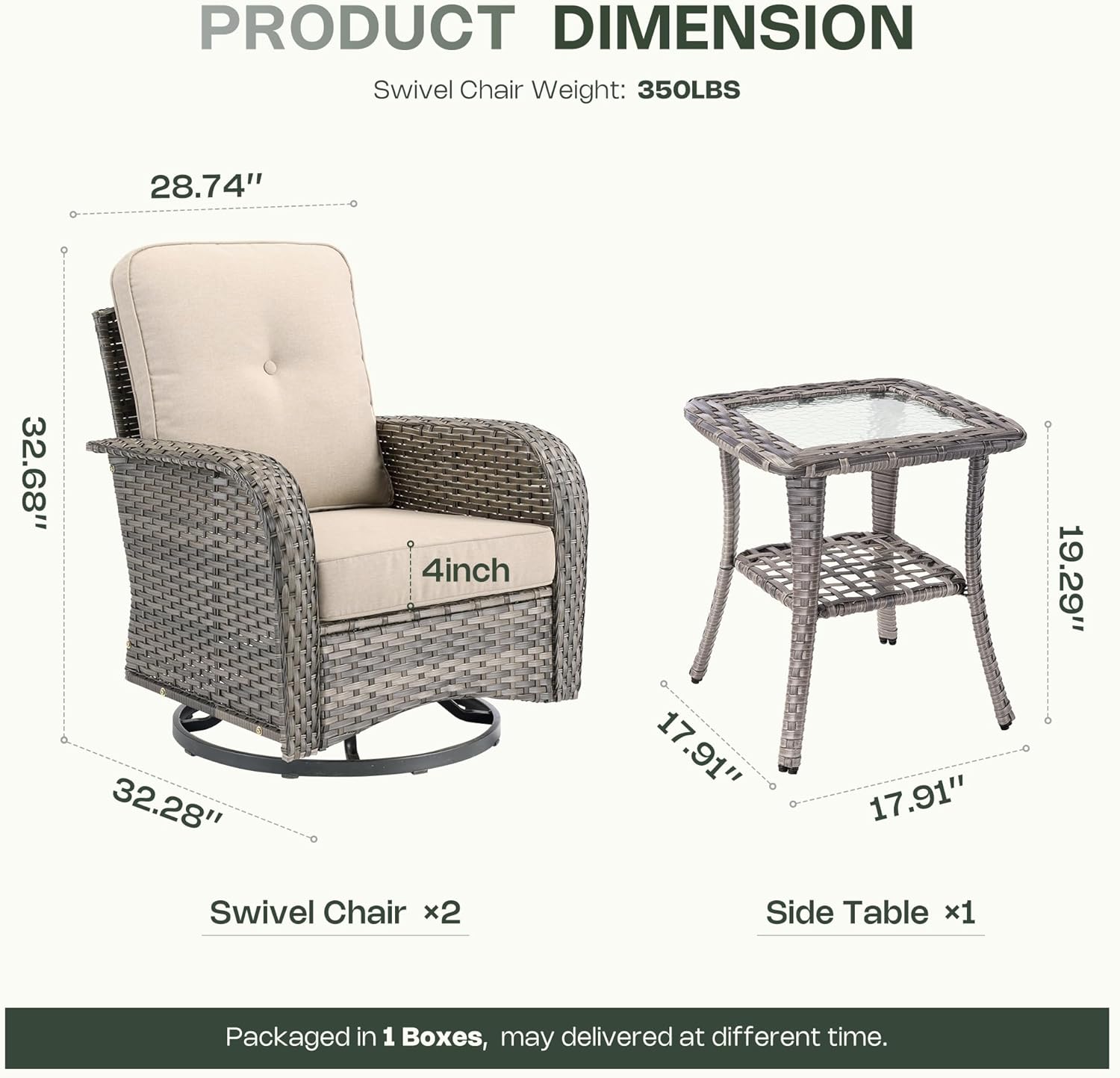 3-Piece Patio Furniture Set, Outdoor Wicker Furniture with Coffee Table, High Back Swivel Rocker Patio Chairs, Modern Rattan Outdoor Chairs Conversation Set for Porch, Balcony, Garden, Beige