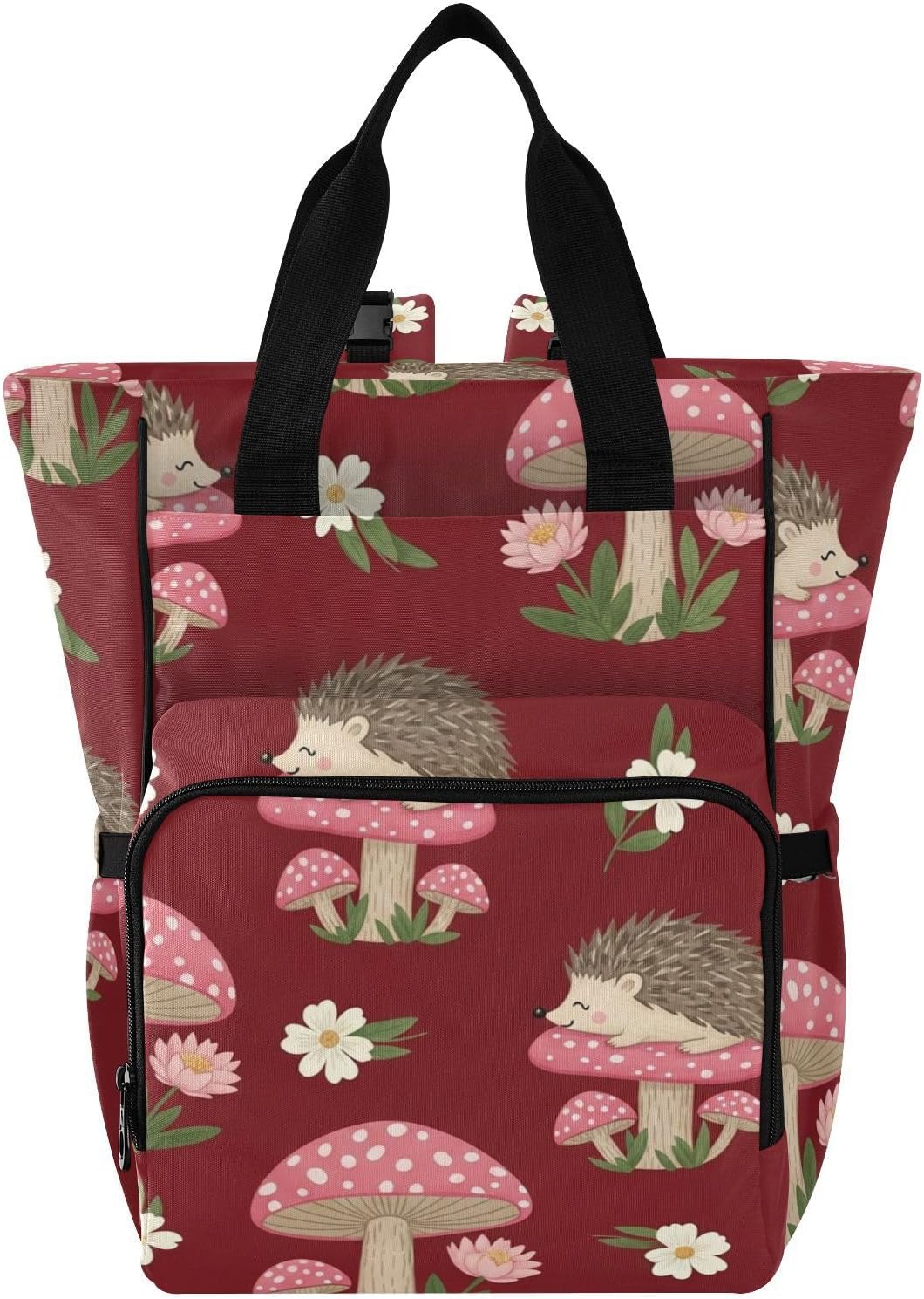 Hedgehog Mushroom Flowers Red Pattern Diaper Bag Backpack for Baby Boys Girls Multifunction Baby Essentials Travel Tote with Stroller Straps & Bottle Storage Large Travel Diaper Backpack for Baby