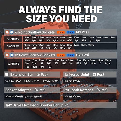 Miniatura 7 de Juego de herramientas mecánicas de 86 piezas, 1/4 de pulgada 3/8 pulgadas 1/2 pulgadas y juego de trinquete, SAE/métrico, trinquete de 90 dientes,