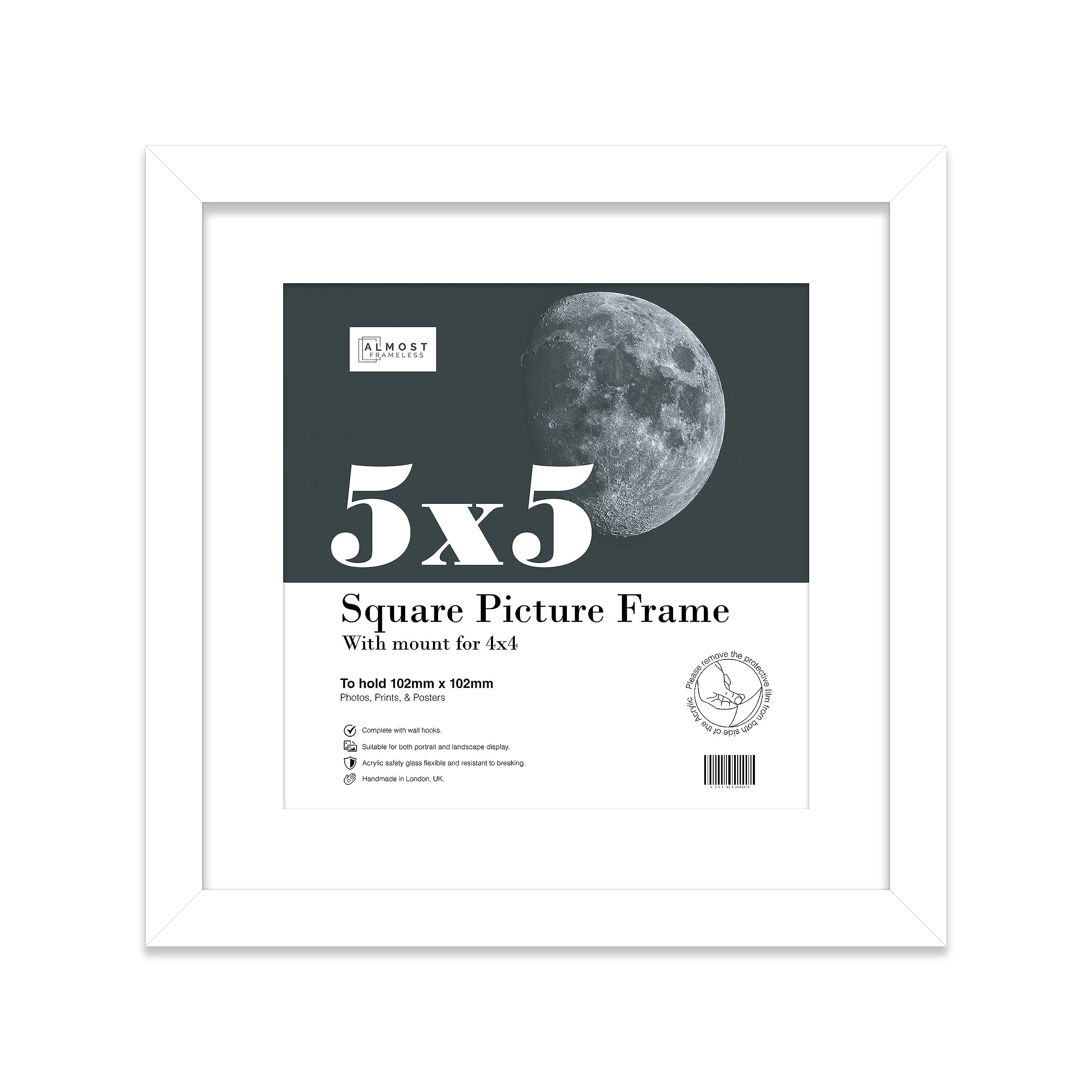Almost Frameless White 5X5 Picture Frame, Display Pictures 4X4 With Mat Or 5X5 Without Mat, Wall Hanging & Free Standing Photo Frame, 1 Pack