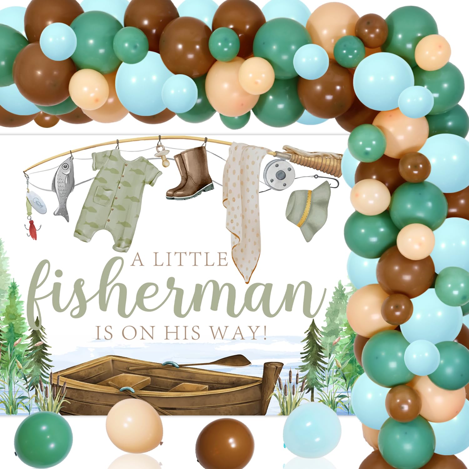 A Little Fisherman Is on His Way Baby Shower Decorations Green Brown Balloon Garland Arch Kit Retro Fishing Theme Fishing Rod Fishing Hat Backdrop for Boys Baby Shower Party Decor Supplies