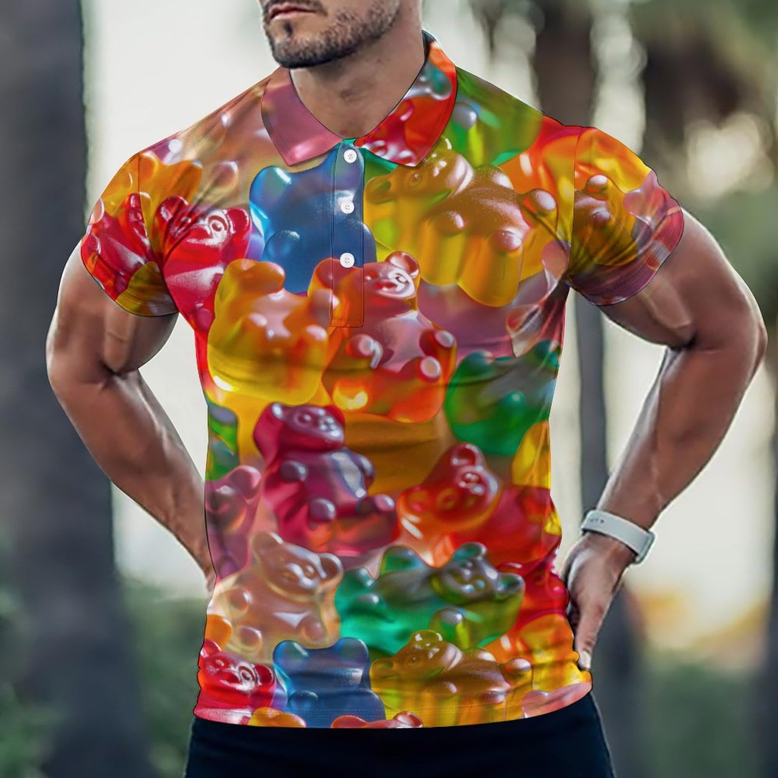 Colorful Gummy Bears Classic Golf Polos for Men Athletic Tennis Shirts Short Sleeve Sports Summer Casual Funny