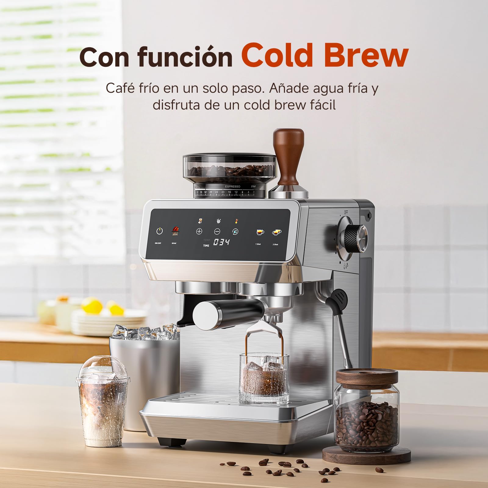 AMZCHEF Cafetera Espresso con Molinillo Integrado 20 Bares – Máquina de Café con 44 Ajustes de Molienda，Vaporizador de Leche, 4 Temperaturas, Función Café Frío, Acero Inoxidable, Depósito 1.8L