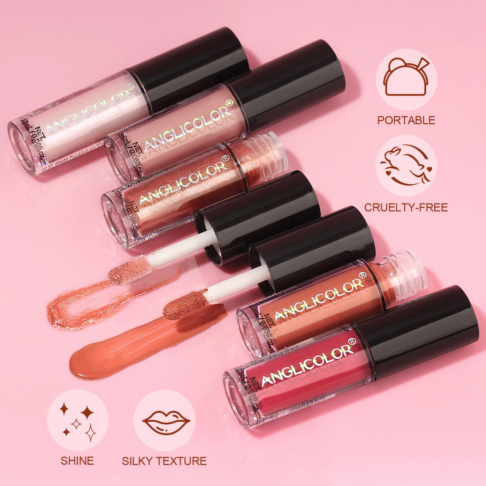 Anglicolor Lip Gloss Long-Lasting,Lipstick Set Highly Pigmented,Pink Lip Gloss Non-Stick Cup,Lip Gloss Set,Easy Application,Smooth Application,Not Flake Off,12 Colors,Vegan & Cruelty-Free (12Color) - Image 3