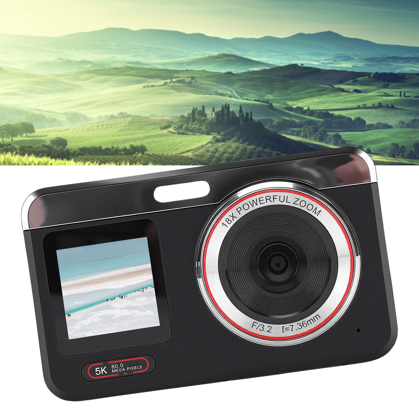 Aparat Cyfrowy 5K, Podwójny Aparat 80 MP z 18-krotnym Zoomem Cyfrowym i lampą błyskową LED do Fotografowania (BLACK)