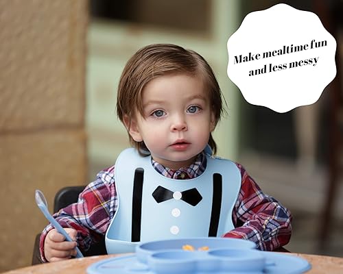 Miniatura 7 de Baberos impermeables para niños pequeños, babero de silicona, se adapta a hasta 6 años (traje azul)