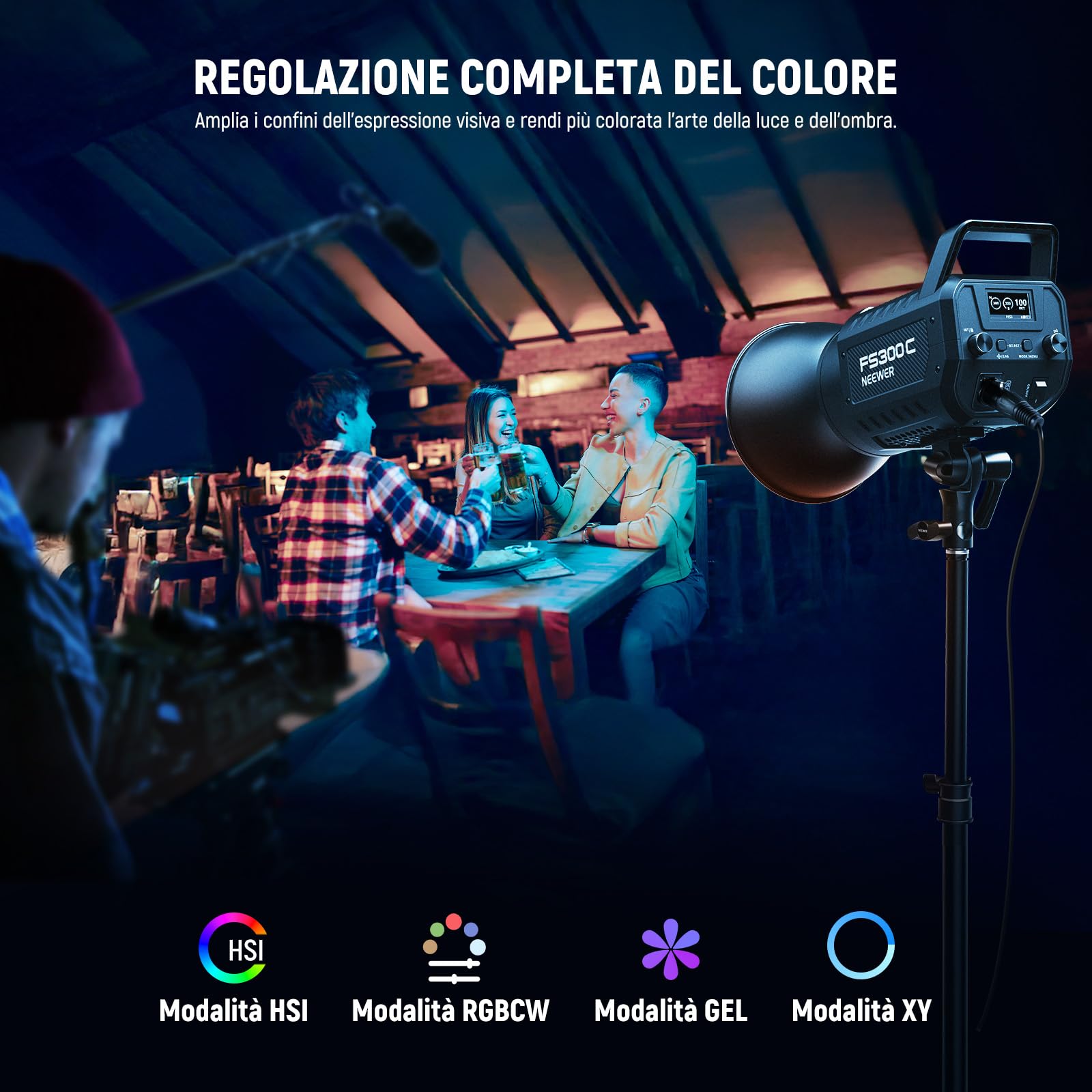 NEEWER 300W Luce Video LED RGB con Controllo APP/2.4G, 17 Effetti, Illuminazione Continua COB 2500K-7500K 29000lux/1m, CRI95+/TLCI97+ Attacco Bowens per Fotografia Registrazione Video Studio, FS300C