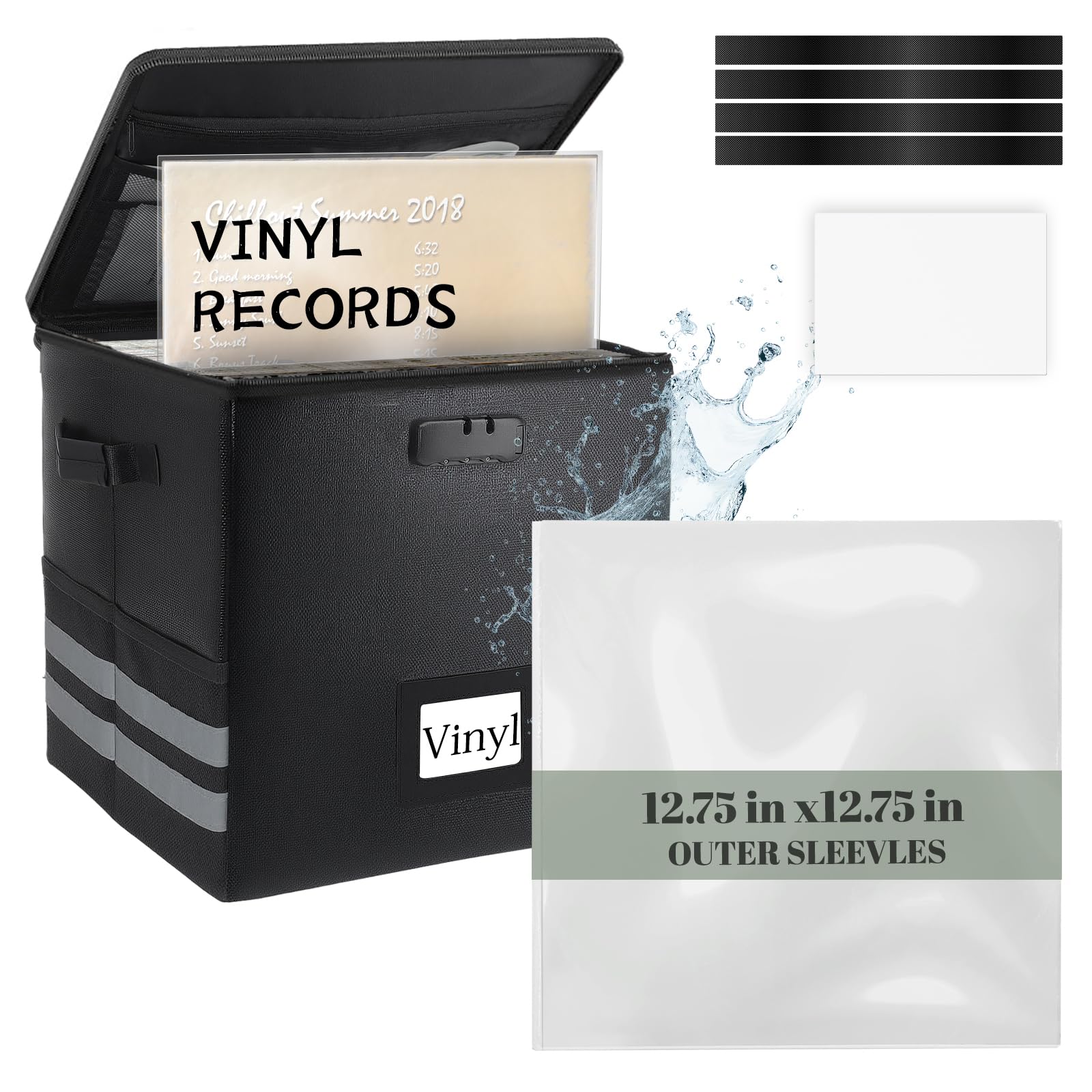 Almacenamiento de discos de vinilo con 100 fundas para discos, caja organizadora de discos ignífuga y resistente al agua con cerradura, fundas transparentes de vinilo sin arrugas, kits de protección