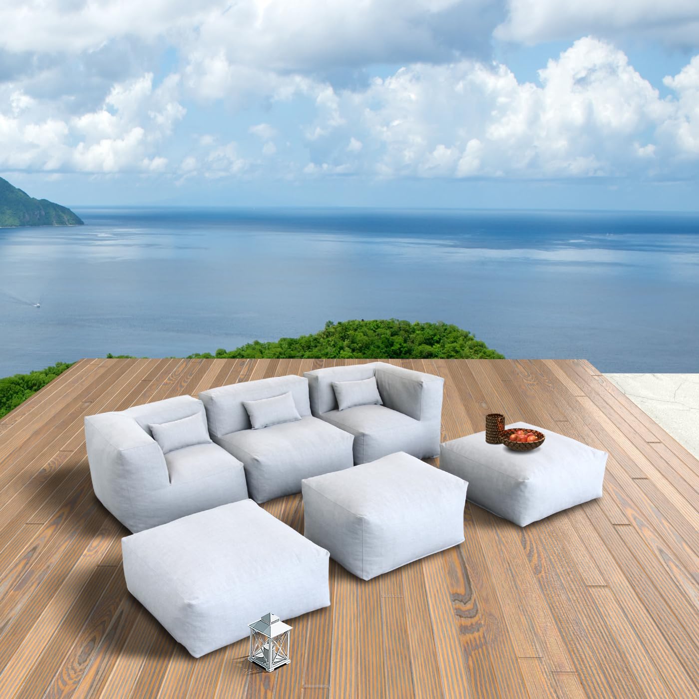 ANNYH PortoCervo 6PCS Patio Outdoor Furniture Sectional Conversation Set Combines 1 Middle & 2 Corner Chairs, 3 Ottoman, Foam Filled Bean Bag Chairs Modular Contemporary Sofa Comfy Couch, Cloud Gray