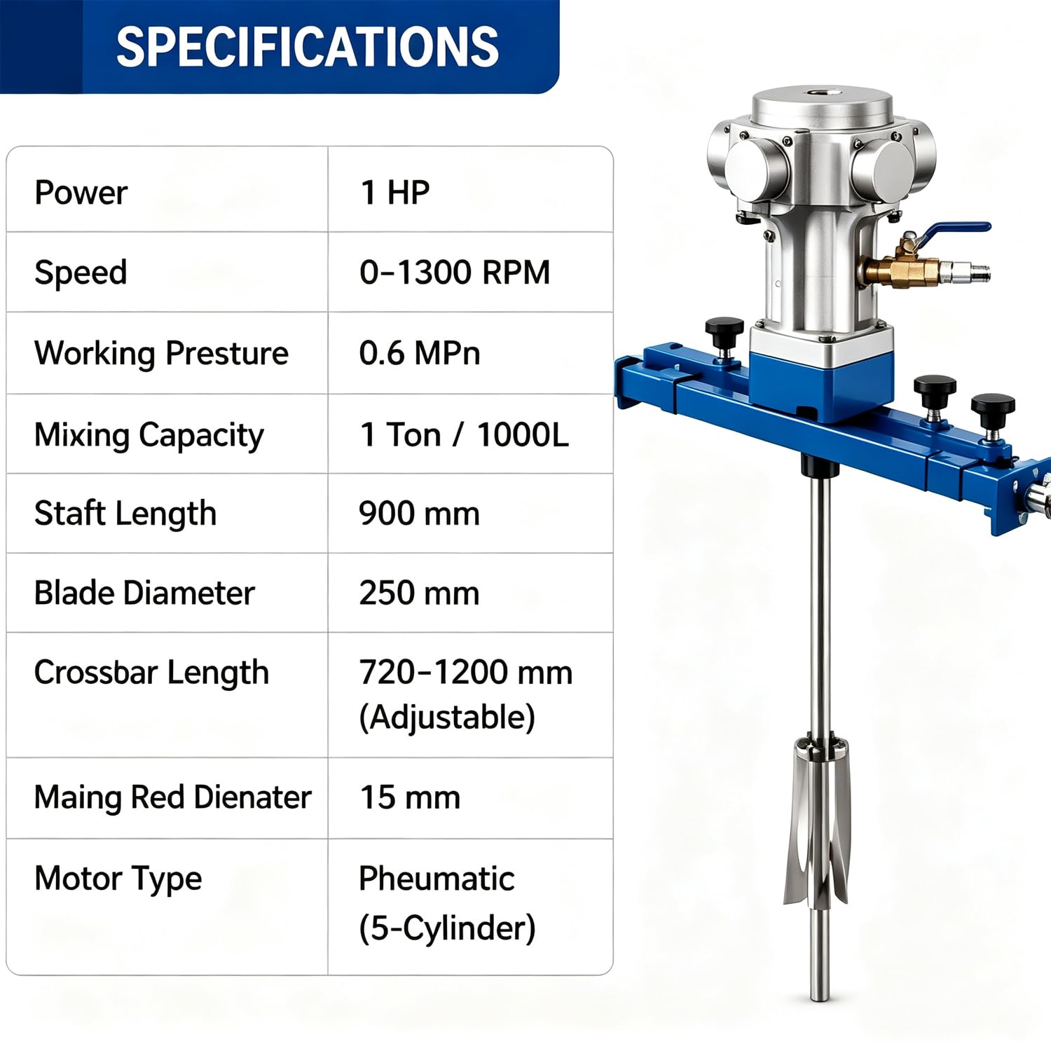 Mezclador neumático industrial, agitador de aire de 1 HP, 0-1300 RPM, impulsor de 250 mm, rango de barra transversal de 720-1200 mm, acero inoxidable de 1 tonelada, ideal para pintura, revestimiento