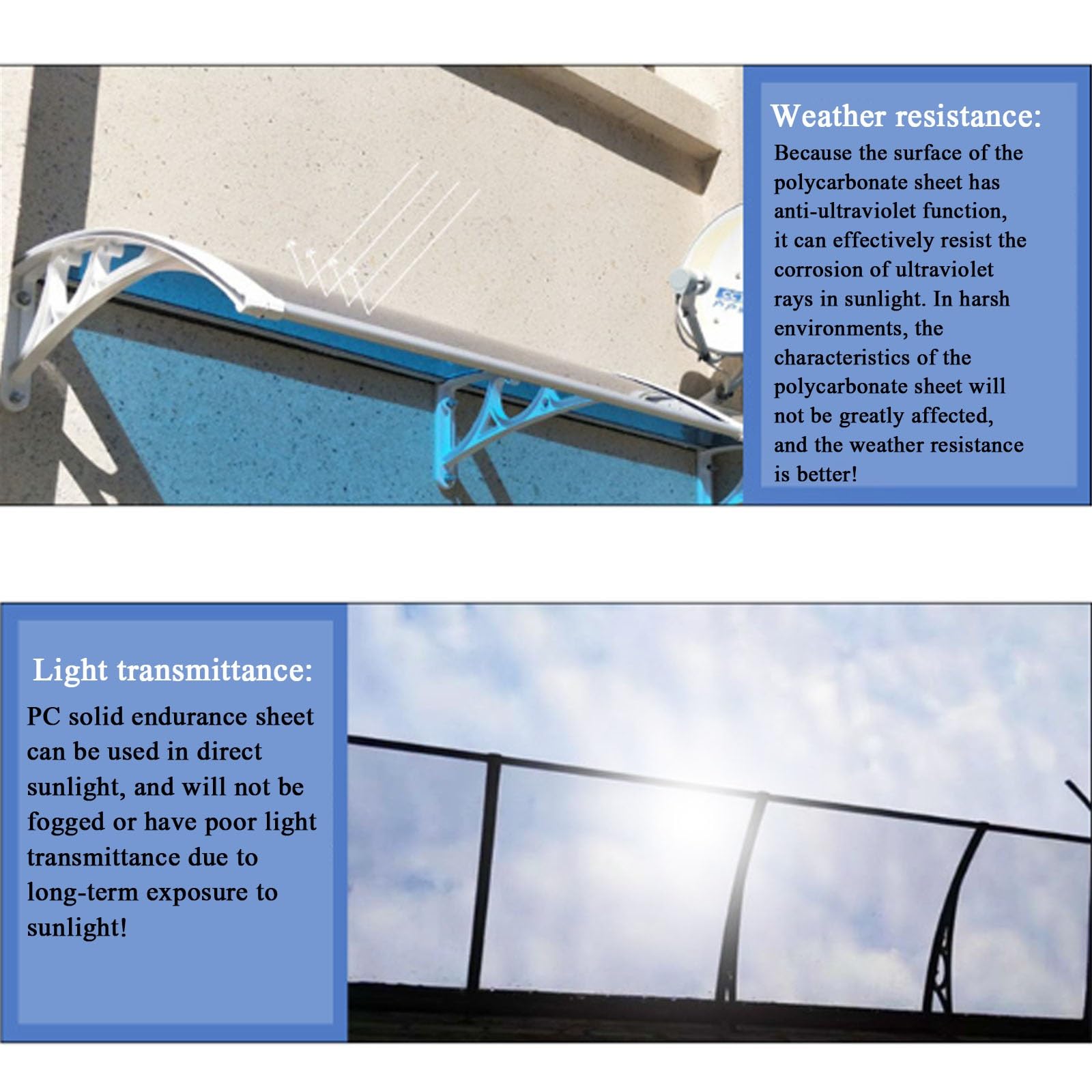 Gebogenes Markisendach for Türfenster, transparentes Vordach for die Vordertür, Markisendach for Terrassentürfenster, Markisendach for Fenstertüren, for Veranda, Dach(120cm/47in*300cm/118in)