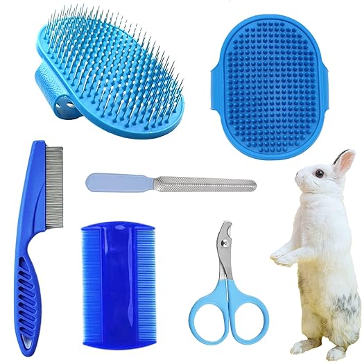 6Pcs Grooming Kit with Brush, Hair Remover, Shampoo Brush, Double-Sided Comb, Nail Clipper and Trimmer for Rabbits, Hamsters, Bunnies, and Guinea Pigs - Blue