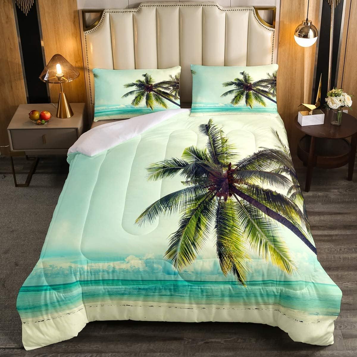 Feelyou Ocean Comforter Set Tropical Hawaiian Beach Vacation Style Bedding Set Summer Nature Sea Theme Home Bedroom Decor Comforter Palm Tree Duvet Set Blue Green Quilt Set 3 Pcs King Size M