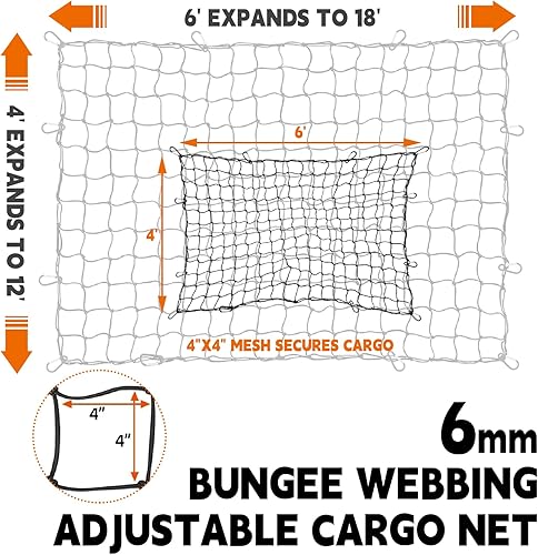 Miniatura 2 de DEDC Red de carga de 4 x 6 pies para camioneta pickup que se estira hasta 12 x 18 pies, red de carga universal para remolque de 4 x 4 pulgadas, red
