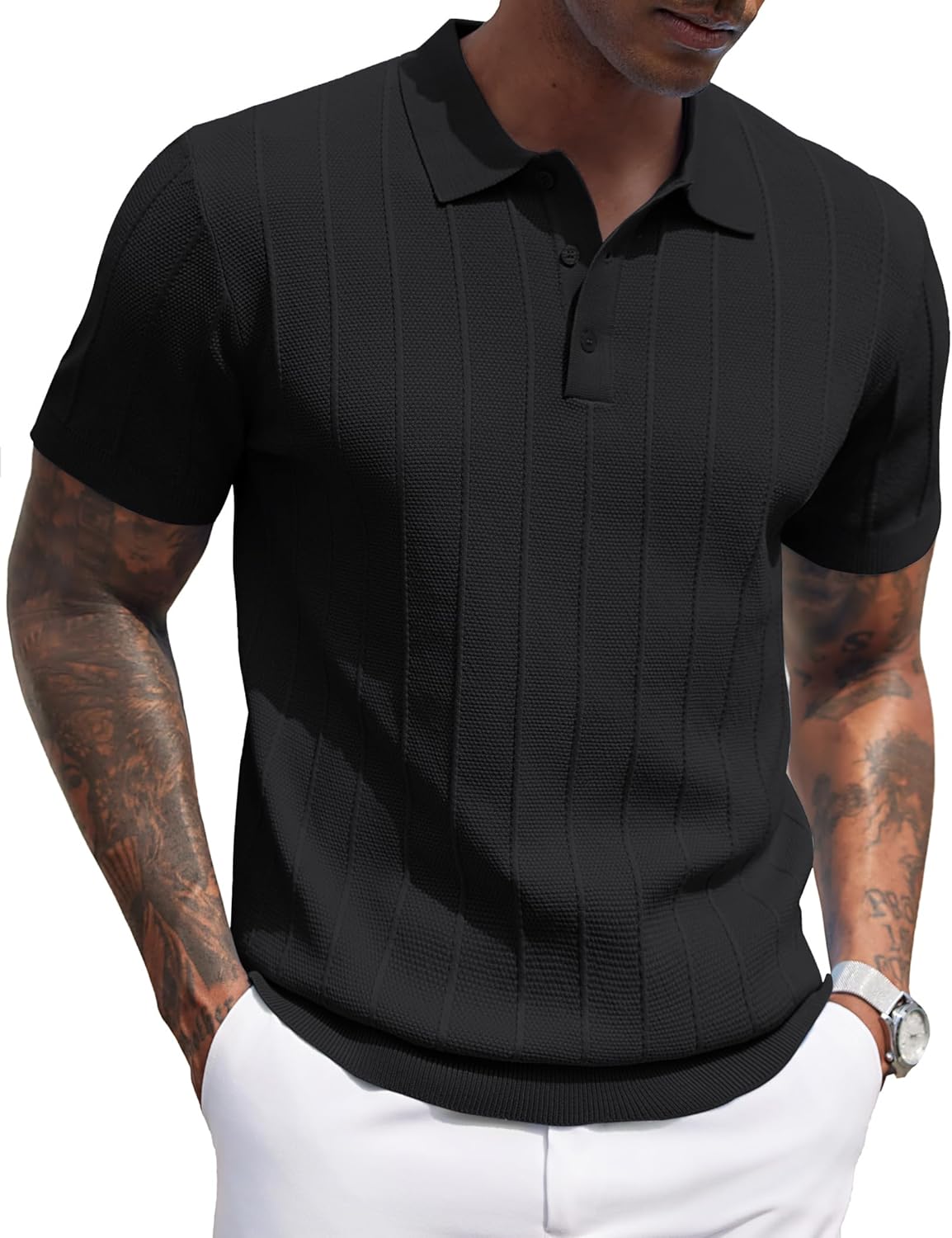COOFANDY Mens Knit Polo Shirts Short Sleeve Ribbed Textured Polo Shirt Lightweight Casual Golf Shirts Collared T Shirt