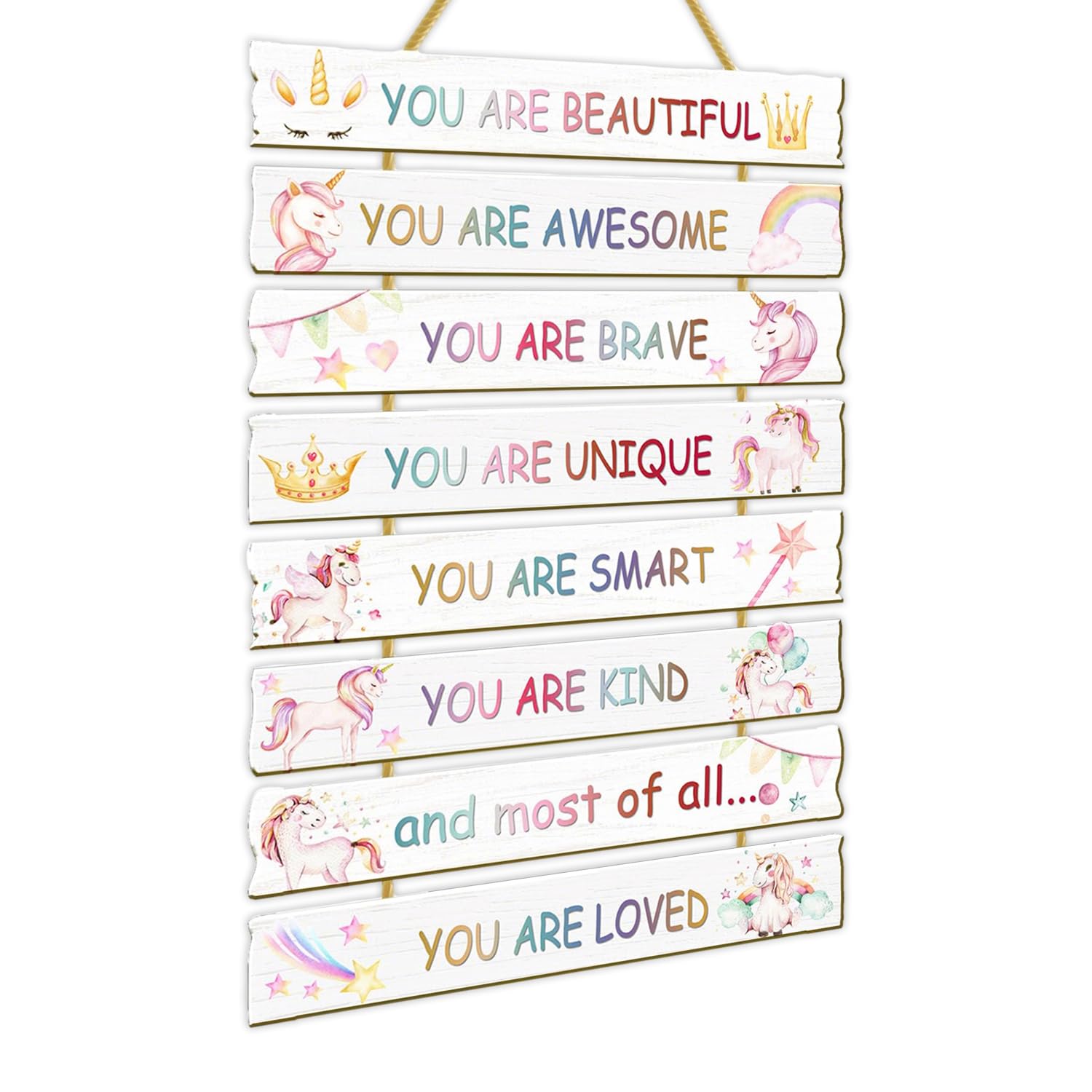 Unicorn Wall Stickers, Watercolor Motivational Wall Mural Art Decor, Girls Bedroom Accessories Rainbow, Wooden Hanging Sign You’Re Brave, Positive Children Hanging Painting Decoration For Nursery